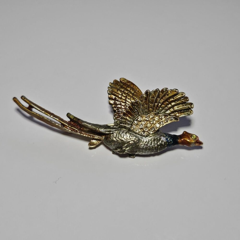 Vintage Flying Pheasant Pin Brooch Gold Tone Enamel Rhinestone Accents